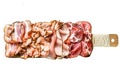 Set of cold cured italian meat Ham, prosciutto, pancetta, bacon. Isolated on white background. Top view.