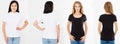 Set,collage asian korean woman and caucasian woman in white and black t shirt, front back views t-shirt