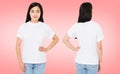 Set,collage front and back views pretty korean,asian woman in t-shirt isolated on pink background,blank