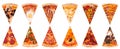 Set or collage of many pizza slices. Image of various tasty pizzas for menu card, advertising or delivery fast food