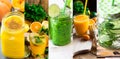 Set collage refreshing healthy drinks detox infused water and smoothies from fruits and vegetables.Citrus, pumpkin, cucumbers etc