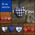 Set Collage Valentine's Love message with colorful fabric hearts Royalty Free Stock Photo