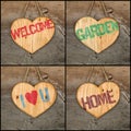 Set Collage Welcome Love Garden Home message wooden heart signs Royalty Free Stock Photo