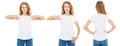 Set,collage woman points hand on white t-shirt isolated,girl tshirt,front and back views