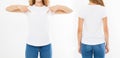 Set collage woman in white tshirt, pointed on t shirt, mock up for design