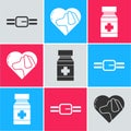 Set Collar with name tag, Heart with dog and Dog medicine bottle and pills icon. Vector Royalty Free Stock Photo