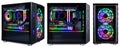 Set collection of black custom gaming pc computer with glass windows and colorful bright rgb rainbow led lighting isolated white