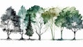 Set collection clipboard arrangement of hand painted drawn watercolor cliparts of trees