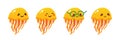 Set, collection of cute and smiling cartoon style yellow jellyfish characters for sea life design