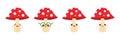 Set, collection of cute and smiling mushroom characters with dotted red caps for nature, forest design