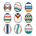 Set or collection of eight Easter eggs drawn in minimalist style. Colorful easter eggs with different textures, patterns and Royalty Free Stock Photo