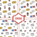 Set, collection of four simple modern colorful cinema, movie seamless patterns