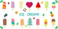 A set collection of fourteen types of various sweet ice-cream, with fruit and chocolate flavor on a stick, juicy fruits and