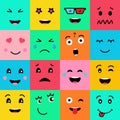 Set collection of 16 funny emotion emoji faces. Various faces on colorful background
