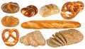 Set collection of german and french bakery products bread bun pretzel baguette isolated white background Royalty Free Stock Photo