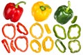 Set collection of green red and yellow sweet pepper paprika whole fruit slice and pieces isolated white background with clipping Royalty Free Stock Photo