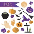 Set or collection with halloween pumpkin, bats, moon, broom, potion, ghost, zombie isolated on white background, flat vector stock