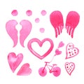 Set collection of hand drawn pink watercolor cliparts of ball, hearts, angel wings, balloon, bike isolated on white background.
