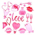 Set collection of hand drawn pink watercolor cliparts of ball, hearts, balloon, glass, gem, bird, lips,love isolated on white bac