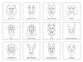 Set, collection of isolated black outline head of airedale terrier, chow, husky, pharaoh hound, saint bernard, labrador, collie, d