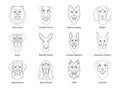 Set, collection of isolated black outline head of airedale terrier, chow, husky, pharaoh hound, saint bernard, labrador, collie, d Royalty Free Stock Photo