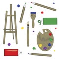 A tools for the artist are isolated on a white background, vector stock illustration with an easel, brush, pencil, tube of paint, Royalty Free Stock Photo