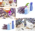 Set, collection of lavender flower, twisted bath towel with sea salt, oil and bath accessories Royalty Free Stock Photo