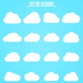 Set. Collection of light clouds of white in the blue sky. Vector illustration in a flat style