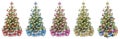 Set collection of natural nordmann christmas tree, decorated with silver red blue gold pink and silver wooden baubles stars hearts Royalty Free Stock Photo