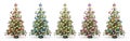 Set collection of natural nordmann christmas tree, decorated with silver red blue gold pink and silver wooden baubles stars hearts