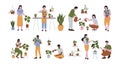 Set collection of people taking care of plants Royalty Free Stock Photo