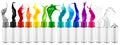 Set collection row of many various spray can spraying colorful rainbow paint liquid color splash explosion isolated white