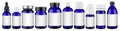 Set collection row of various blue medicine pill glass pipette dropper bottle with blank copyspace label design pattern without
