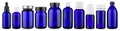 Set collection row of various blue medicine pill glass pipette dropper bottle blank without copyspace label design pattern