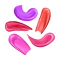 Set of collection of strokes of fluid lipsticks of different Bright colors isolated on white. Collection of Smears lipstick,