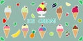 Set a collection of ten different sweet ice cream stickers in a waffle cup and juicy fruits in a white stroke on a green