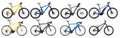 Set collection of various bicycle models and e bike. yellow black and blue mountain bike, racing sport carbon cycle, enduro full