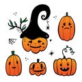 Set, collection of vector cartoon doodle style Jack o Lanterns, decorated orange pumpkins for Halloween design