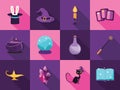 Set collection of vector cartoon magic flat icons. Fantastic Symbols