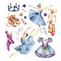 Set, collection of watercolor ballerinas, pointe shoes and pearl illustration, hand drawn isolated on a white background