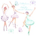 Set, collection of watercolor ballet dancers and butterflies illustrations