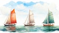 Set a collection of watercolor drawing of a boat. Generative AI.