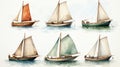 Set a collection of watercolor drawing of a boat. Generative AI.