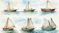 Set a collection of watercolor drawing of a boat. Generative AI.