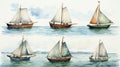 Set a collection of watercolor drawing of a boat. Generative AI.