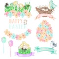 Set, collection of watercolor Easter illustrations