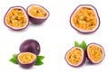 Set or collection whole passion fruits and a half with leaves isolated on white background. Isolated maracuya Royalty Free Stock Photo