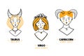 Set, collection of zodiac earth signs conceptual girls characters for astrology, horoscopes designs. Taurus, Virgo, Capricorn Royalty Free Stock Photo