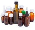 Cough syrup bottles, tablets and medicines isolated white. SET BROWN BOTTLE Royalty Free Stock Photo