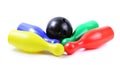 Set of collored bowling pins and ball isolated on a white background. Skittles isolated on a white background